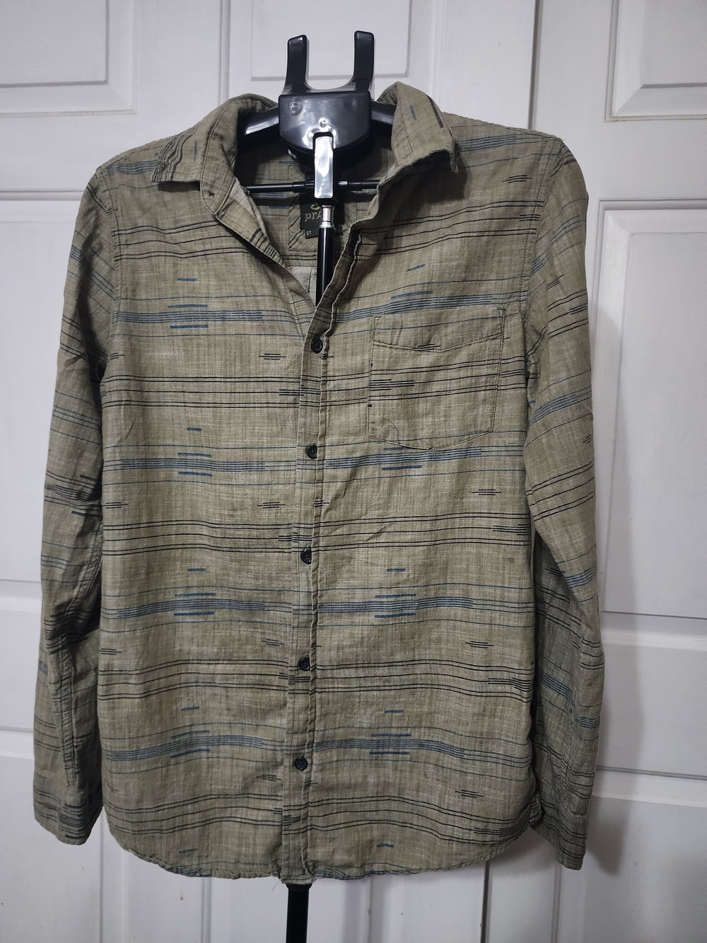 prAna Mens Slim Fit Long Sleeve Button Up Shirt Green Gray Stripe Slim Tall ST.